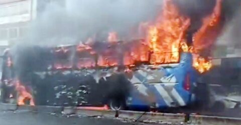 মোটরসাইকেল সংঘর্ষে বাসে আগুন লেগে পুড়ে গেল বেশ কয়েকটি যান