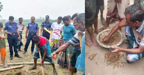 নওগাঁয় মাটির নিচে কাঠের বাক্স থেকে উদ্ধার হলো ৩২৫ রাউন্ড থ্রি-নট-থ্রি গুলি